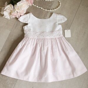 New Linen Dress White & Pink Crocheted Lace Trim Size 6 Months NWOT